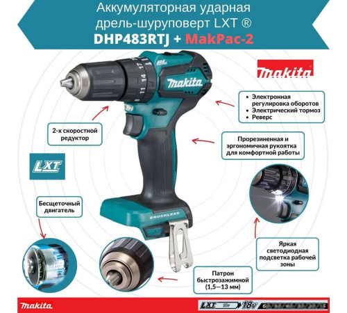 Ударная дрель-шуруповерт Makita DHP483RTJ с 2-мя АКБ, кейс