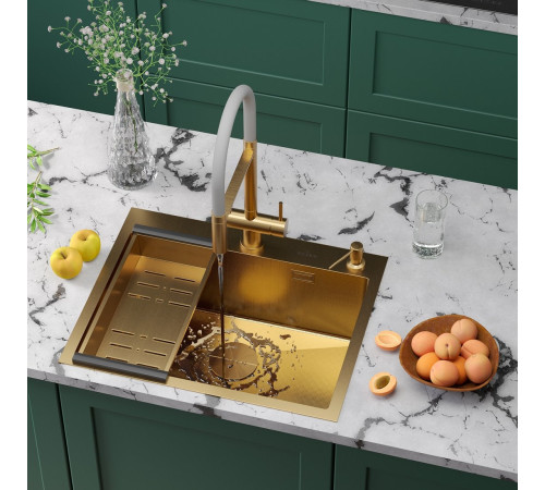 Кухонная мойка Roxen Simple 560220-60G-GR золото/текстурная PVD покрытие с коландером и дозатором