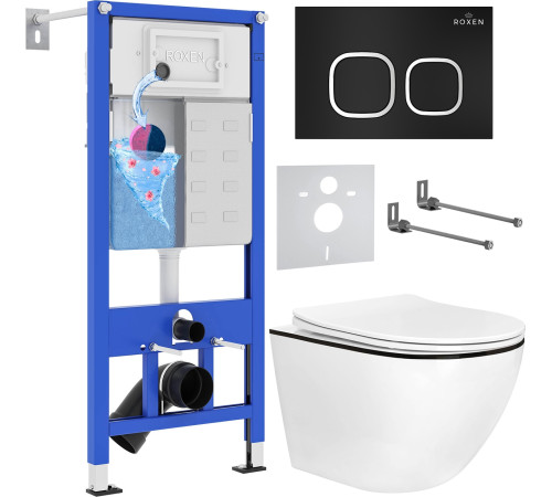 Унитаз подвесной Roxen Antares Black в комплекте с инсталляцией StounFix Dual Fresh 6 в 1 964681 кнопка: черный матовый