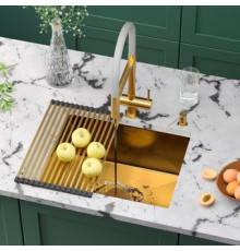 Кухонная мойка Roxen Uno 560210-54G-V золото/текстурная PVD покрытие с ролл-матом и дозатором