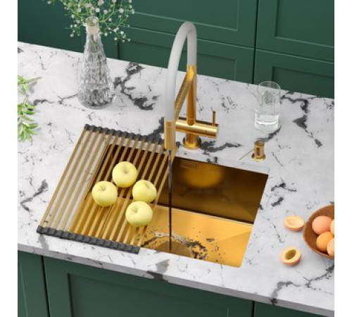 Кухонная мойка Roxen Uno 560210-54G-V золото/текстурная PVD покрытие с ролл-матом и дозатором