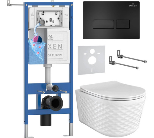 Унитаз подвесной Roxen Vine Tornado в комплекте с инсталляцией StounFix Dual Fresh 6 в 1 979001 кнопка: черный матовый