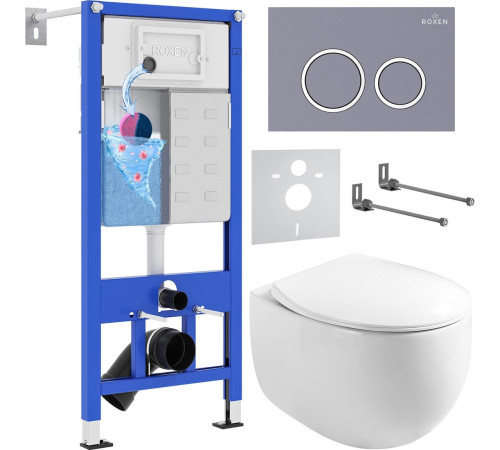 Унитаз подвесной Roxen Egg в комплекте с инсталляцией StounFix Dual Fresh 6 в 1 966160 кнопка: серый бетон