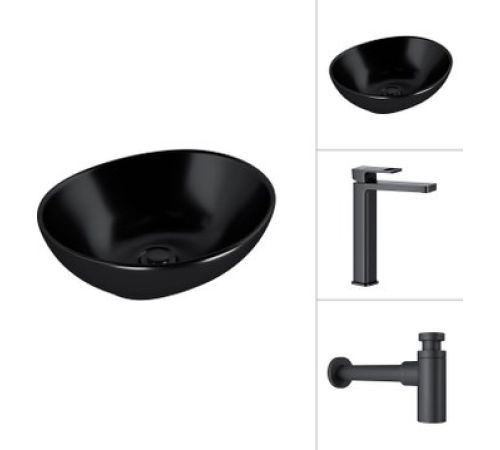 Умывальник Lauter 21652-A + Cascade 21СК0655BS с сифоном 21635B черный матовый