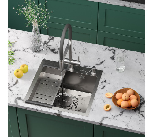 Кухонная мойка Roxen Simple 560220-50-V сатин/текстурная с коландером и дозатором