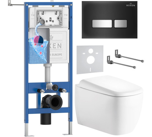 Унитаз подвесной Roxen Martin в комплекте с инсталляцией StounFix Dual Fresh 6 в 1 968525 кнопка: черный/хром