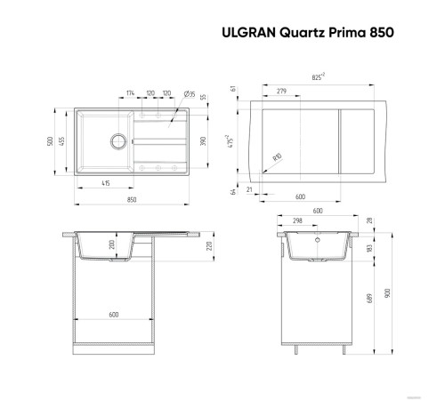 Кухонная мойка Ulgran Quartz Prima 850 уголь