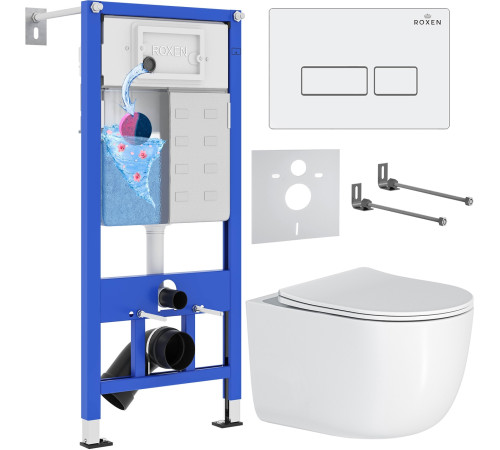 Унитаз подвесной Roxen Vortex Tornado в комплекте с инсталляцией StounFix Dual Fresh 6 в 1 964480 кнопка: белый глянец