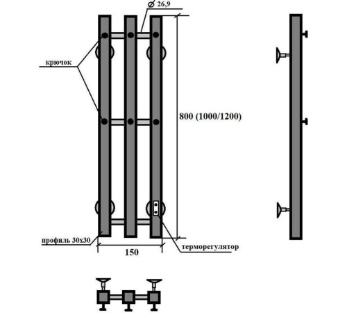 Полотенцесушитель Granula Квадро Вертикаль 15х150 терморегулятор с таймером, черный