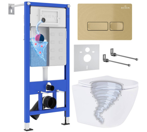 Унитаз подвесной Roxen Antares Tornado в комплекте с инсталляцией StounFix Dual Fresh 6 в 1 968332 кнопка: брашированное золото