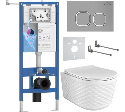 Унитаз подвесной Roxen Vine Tornado в комплекте с инсталляцией StounFix Dual Fresh 6 в 1 979017 кнопка: хром матовый