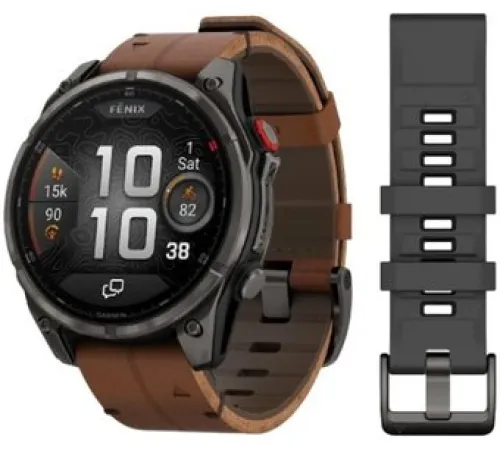 Умные часы Garmin Fenix 8 Pro 47 мм карбоновый серый, коричневый кожаный ремешок