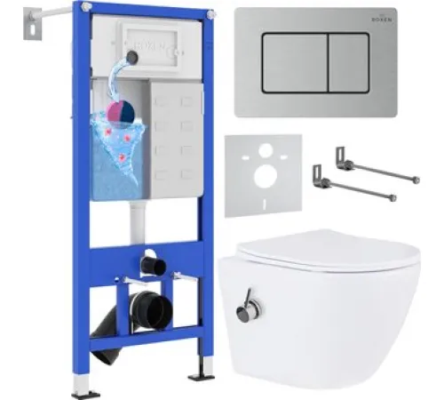Унитаз подвесной Roxen Antares Bidet в комплекте с инсталляцией StounFix Dual Fresh 6 в 1 968424 кнопка: сатин