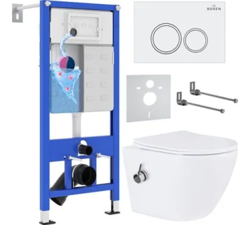 Унитаз подвесной Roxen Antares Bidet в комплекте с инсталляцией StounFix Dual Fresh 6 в 1 902672 кнопка: белый глянец