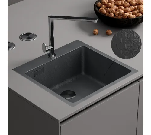 Кухонная мойка Roxen Snake 560220-50-BS 50*48 PVD графит/текстурная поверхность с коландером и дозатором