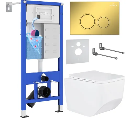 Унитаз подвесной Roxen Boro в комплекте с инсталляцией StounFix Dual Fresh 6 в 1 968023 кнопка: золото глянцевое