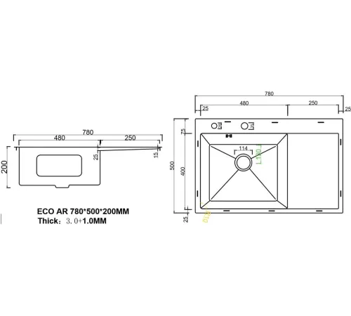 Кухонная мойка ARFEKA ECO AR 780*500 L BLACK PVD NANO