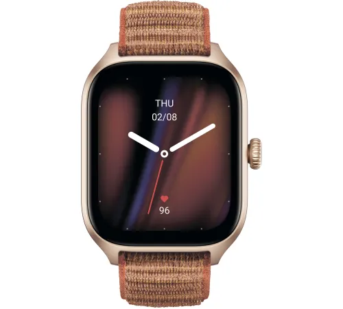 Умные часы Amazfit GTS 4 золотистый, с коричневым нейлоновым ремешком