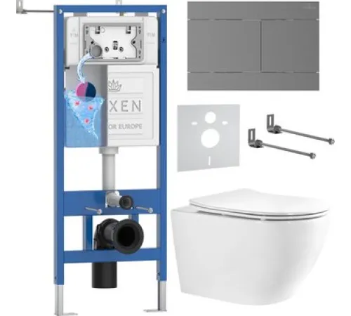 Унитаз подвесной Roxen Antares Tornado Long в комплекте с инсталляцией StounFix Dual Fresh 6 в 1 868461 кнопка: оружейная сталь матовая