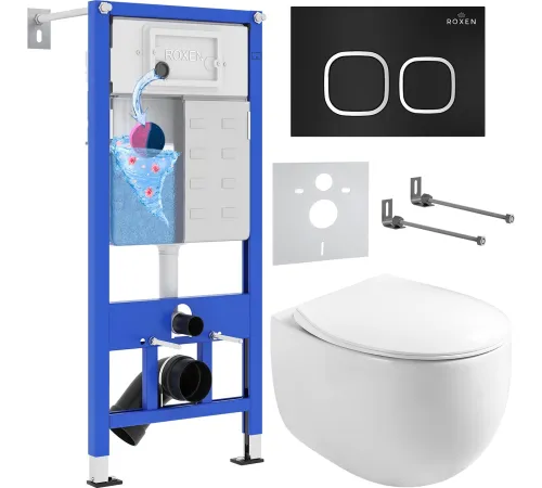 Унитаз подвесной Roxen Egg в комплекте с инсталляцией StounFix Dual Fresh 6 в 1 964079 кнопка: черный матовый