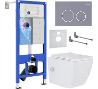 Унитаз подвесной Roxen Cube bidet в комплекте с инсталляцией StounFix Dual Fresh 6 в 1 966127 кнопка: серый бетон