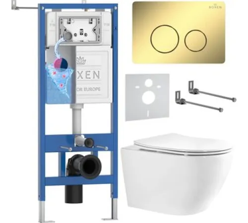 Унитаз подвесной Roxen Antares Tornado Long в комплекте с инсталляцией StounFix Dual Fresh 6 в 1 868449 кнопка: золото глянцевая