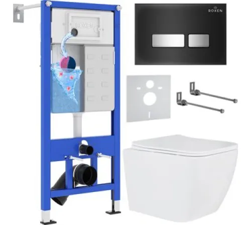 Унитаз подвесной Roxen Cube One Rimless 6 в 1 StounFix Dual Fresh 646038 чёрное стекло