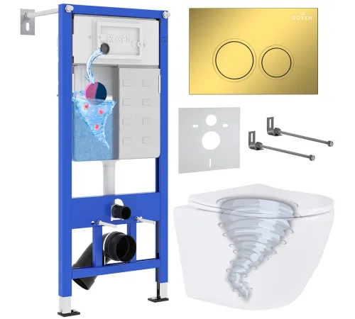 Унитаз подвесной Roxen Antares Tornado в комплекте с инсталляцией StounFix Dual Fresh 6 в 1 968356 кнопка: золото глянцевое