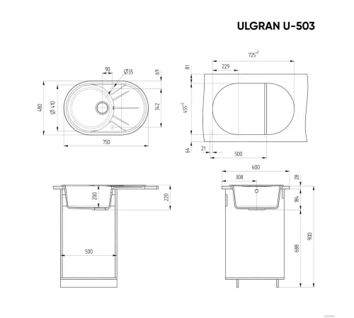 Кухонная мойка Ulgran U-503 ультра-черный