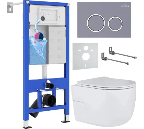 Унитаз подвесной Roxen Porto в комплекте с инсталляцией StounFix Dual Fresh 6 в 1 966078 кнопка: серый бетон