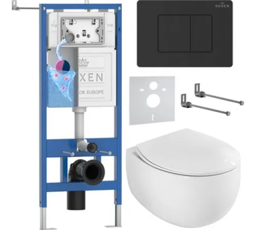 Унитаз подвесной Roxen EGG в комплекте с инсталляцией StounFix Dual Fresh 6 в 1 868503 кнопка: черный матовая