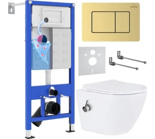 Унитаз подвесной Roxen Antares Bidet в комплекте с инсталляцией StounFix Dual Fresh 6 в 1 968457 кнопка: брашированное золото