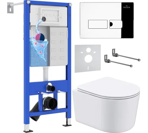 Унитаз подвесной Roxen Simple Compact в комплекте с инсталляцией StounFix Dual Fresh 6 в 1 932469 кнопка: хром глянец