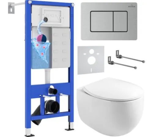 Унитаз подвесной Roxen Egg в комплекте с инсталляцией StounFix Dual Fresh 6 в 1 968442 кнопка: сатин