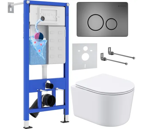 Унитаз подвесной Roxen Simple Compact в комплекте с инсталляцией StounFix Dual Fresh 6 в 1 963592 кнопка: оружейная сталь