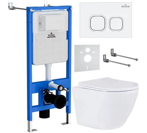 Унитаз подвесной Roxen Antares в комплекте с инсталляцией StounFix Dual Fresh 6 в 1 533395 кнопка: белый глянец
