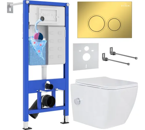 Унитаз подвесной Roxen Cube bidet в комплекте с инсталляцией StounFix Dual Fresh 6 в 1 968094 кнопка: золото глянцевое