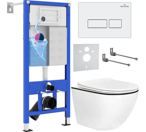 Унитаз подвесной Roxen Antares Black в комплекте с инсталляцией StounFix Dual Fresh 6 в 1 964744 кнопка: белый глянец