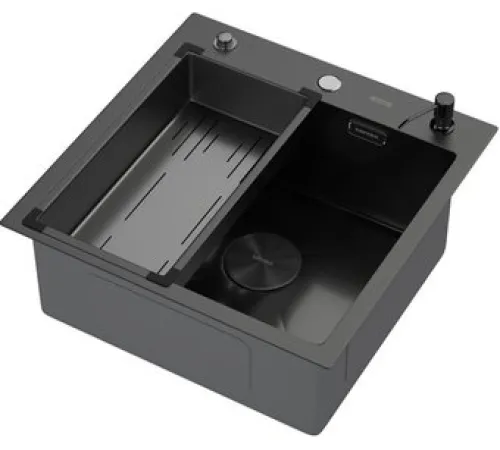 Кухонная мойка ARFEKA Eco AR мойка 500*500 POP-UP, коландер G, дозатор BLACK DECOR VOLCANIC ROCK