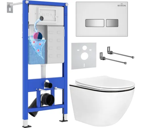 Унитаз подвесной Roxen Antares Black в комплекте с инсталляцией StounFix Dual Fresh 6 в 1 964909 кнопка: белое стекло