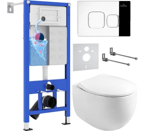 Унитаз подвесной Roxen Egg в комплекте с инсталляцией StounFix Dual Fresh 6 в 1 964100 кнопка: хром глянец