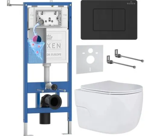 Унитаз подвесной Roxen Porto в комплекте с инсталляцией StounFix Dual Fresh 6 в 1 868500 кнопка: черный матовая