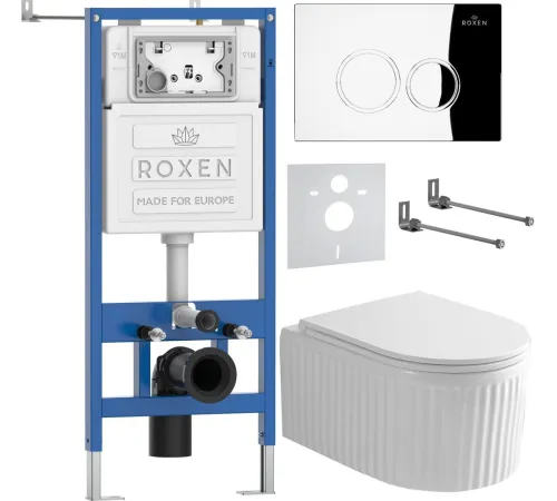 Унитаз подвесной Roxen Royal Matt в комплекте с инсталляцией StounFix Dual Fresh 6 в 1 968245 кнопка: хром глянцевый