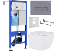 Унитаз подвесной Roxen Cube в комплекте с инсталляцией StounFix Dual Fresh 6 в 1 966775 кнопка: серый гранит