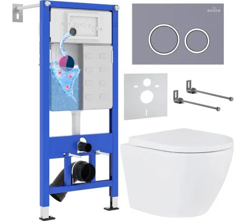 Унитаз подвесной Roxen Antares 530185-02 в комплекте с инсталляцией StounFix Dual Fresh 6 в 1 966055 кнопка: серый бетон