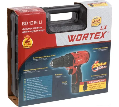 Дрель-шуруповерт Wortex LX BD 1215 Li 0329353 с 2-мя АКБ, кейс