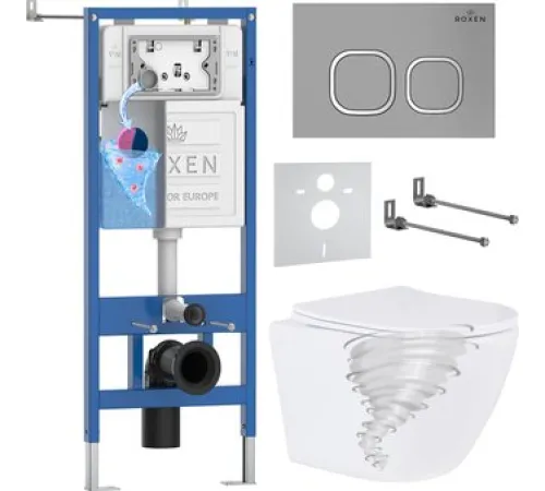 Унитаз подвесной Roxen Antares Tornado Long в комплекте с инсталляцией StounFix Dual Fresh 6 в 1 868435 кнопка: хром матовый матовая