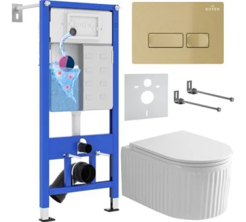 Унитаз подвесной Roxen Royal Matt в комплекте с инсталляцией StounFix Dual Fresh 6 в 1 968227 кнопка: брашированное золото