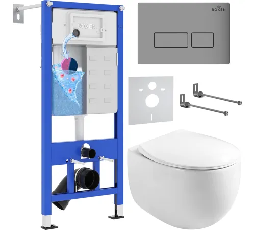 Унитаз подвесной Roxen Egg в комплекте с инсталляцией StounFix Dual Fresh 6 в 1 964210 кнопка: хром матовый
