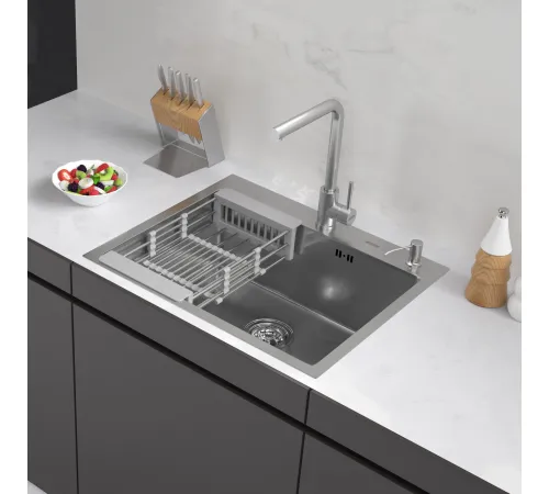 Кухонная мойка ARFEKA ECO AR мойка 600*500, коландер, дозатор SATIN DECOR VOLCANIC ROCK